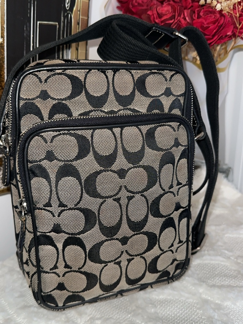 Coach Black and Tan Signature Messenger Crossbody